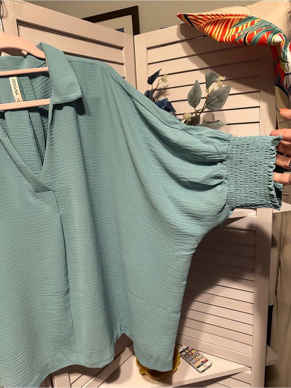 Zenana Light Teal Crinkle Blouse Smocked Cuffs Oversized Collared Top - Picture 3 of 5
